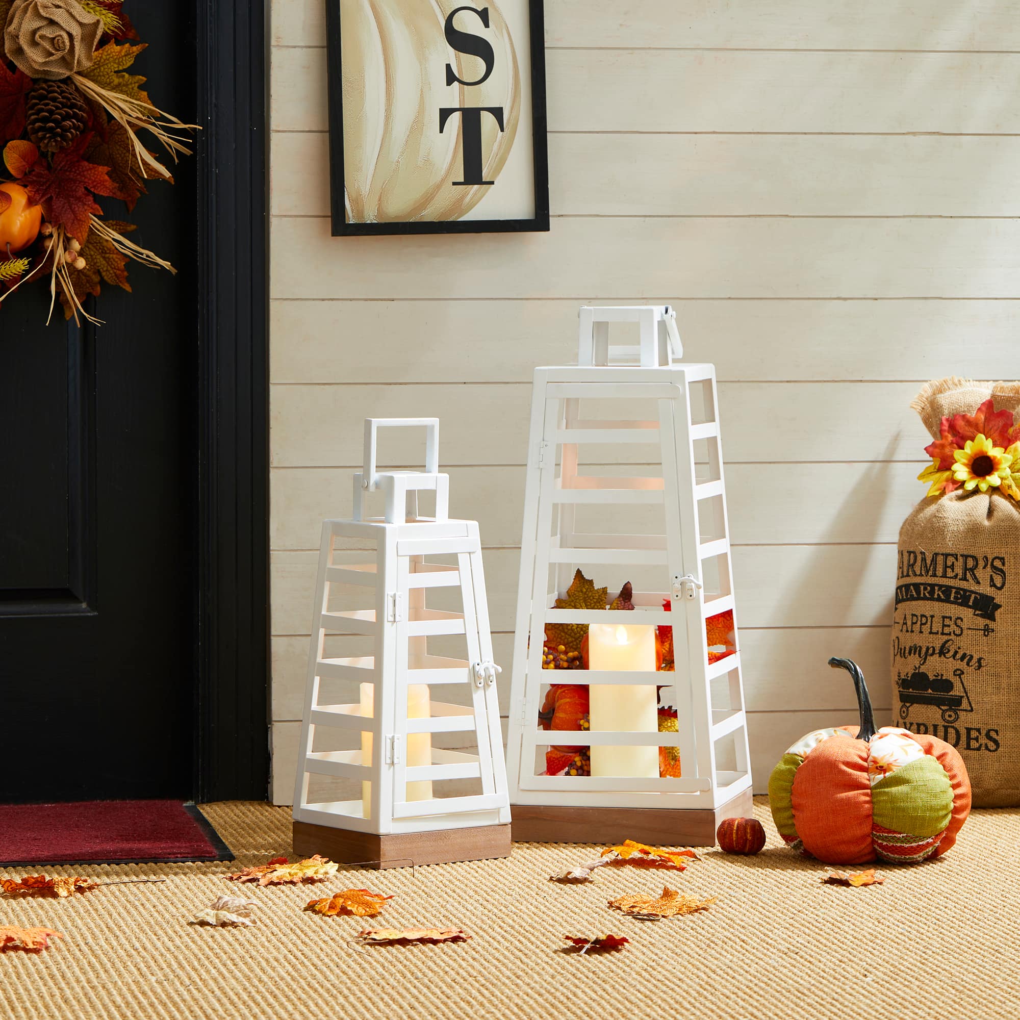 Glitzhome® White Modern Trapezoid Metal & Wood Lanterns Set